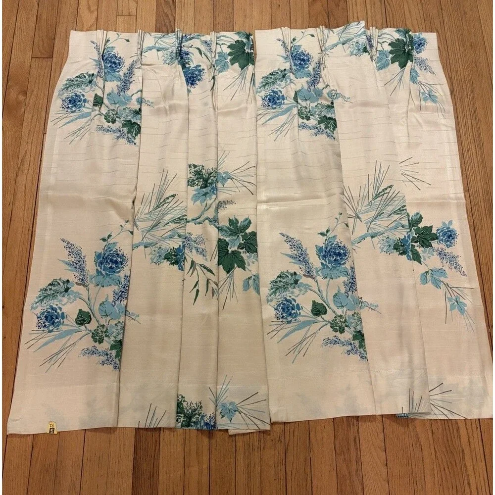 Set of 2 Vintage 60s 70s Blue Floral Curtain Panels Cottagecore Grandma